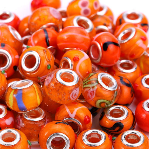 AIPRIDY 50Pcs 15x11mm Murano Large Hole Glass Beads with Silver Brass Cores European Beads for Jewelry Making (Orange)