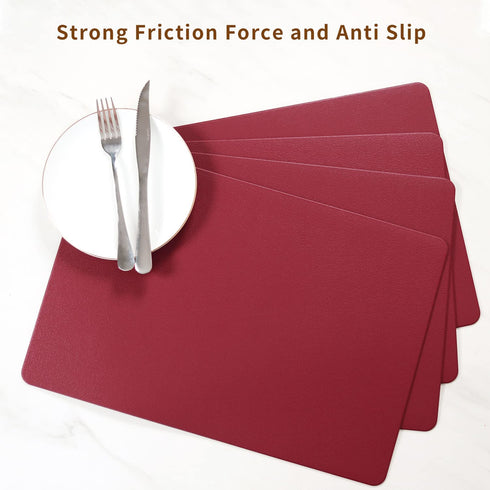 FYIN-HONG Leather Placemats Set of 6, Premium Quality Heat Resistant Faux Leather Placemat, Waterproof Wipeable Dining Table Mats Easy to Clean for Kitchen Dining Eating Indoor & Outdoor, Burgundy Red