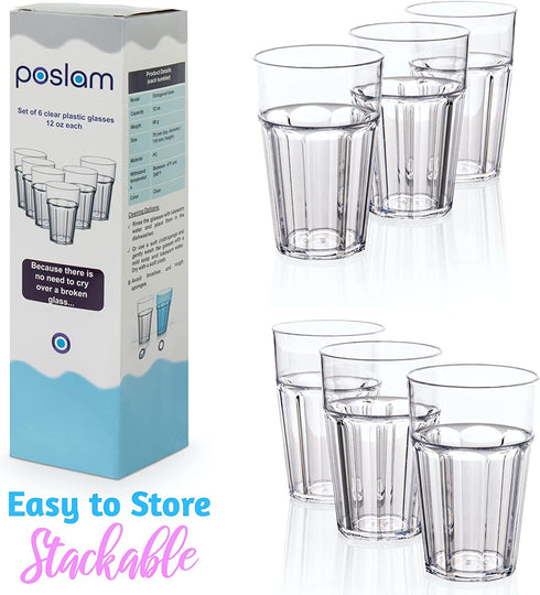 Poslam | Plastic Drinking Glasses, set of 6 12oz glasses - Unbreakable Glasses, Clear Plastic Drinkware, Dishwasher Safe, Shatterproof Glasses, Everyday Tumblers