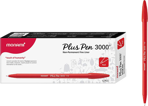 MONAMI Plus Pen 3000 Felt Tip Pens, Fine Point (0.4mm), Fine Liner, Writing/Journaling/Note Taking at home, school and office, Red, 12-Count