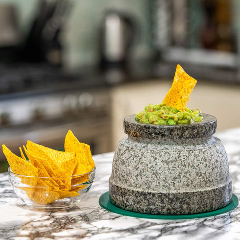 Mortar and Pestle Set - Double Sided Unpolished Granite Bowl - 6 Inch, 2 Cup Natural Heavy Molcajete Stone - With Counter Top Protective Pad - Made for a lifetime