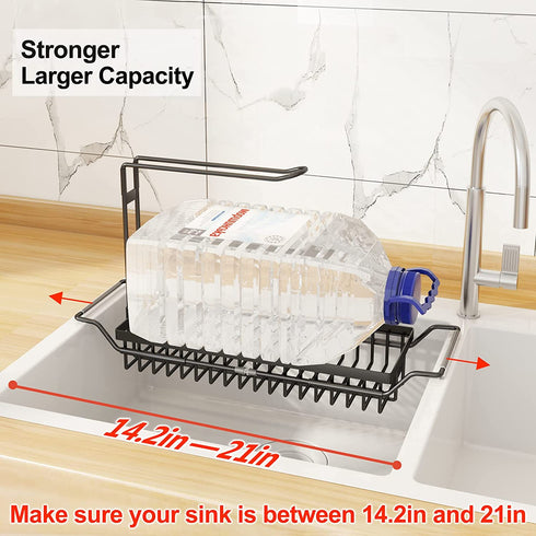 Sponge Holder for Kitchen Sink, Telescopic Sink Storage Rack, Expandable (15.5"-21.3") Sink Caddy Organizer with Dishcloth Towel Holder, Stainless Steel Over Sink Holder for Home (Black)