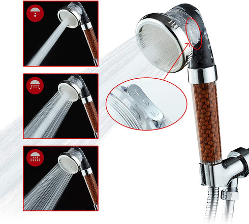 GIFT ZEN Zen Ionic Shower Head with Beads,3-Setting Filtered High Pressure Water Saving Ecowater Spa Showerhead for Dry Skin & Hair (no hose)