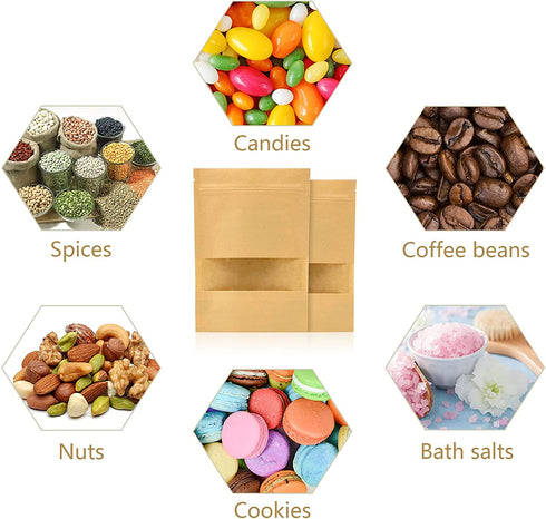 100 Pcs Kraft Paper Bags with Window, 4.7" x 7.9" Stand Up Pouches Bags, Zip Lock Food Storage Bags for Packaging Products, Reusable, Sealable