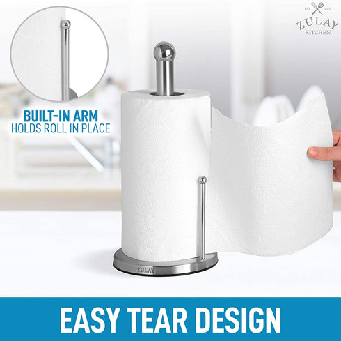 Zulay Stainless Steel Paper Towel Holder - Standing Paper Towel Holder Countertop Roll Dispenser for Standard & Large Sized Rolls - Easy One Handed Tear Paper Towel Holders for Kitchen & Dining Table