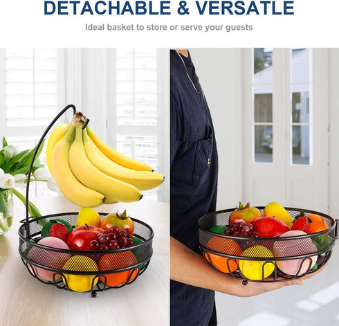 Auledio Fruit Basket Bowl with Banana Tree Hanger, Vegetables Storage Snacks holder Rack Bread Stand