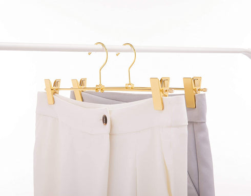 Cocomaya 13 Inch Heavy Duty Shiny Gold Metal Slack Hanger, Pants Hanger, Skirt Hanger with Adjustable Clips (Gold, 10)