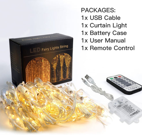Curtain String Lights, Battery Operated & USB Powered 9.8x6.6Ft 200LED Hanging Christmas Fairy Lights with Timer & Waterproof Function for Outdoor Indoor Bedroom Wall Decor, Warm White