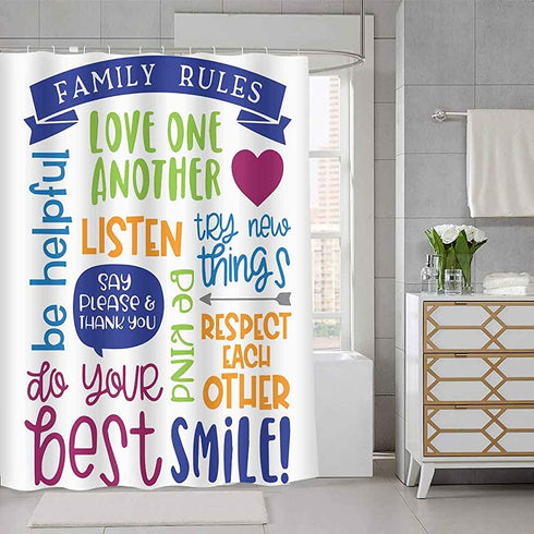 SDDSER Family Rules Shower Curtain Educational Motivational and Inspirational Quotes Decor Bathroom Curtain for Kids, 72 x72 in Bathtub Showers Waterproof Fabric with 12 Hooks YLQQSD303