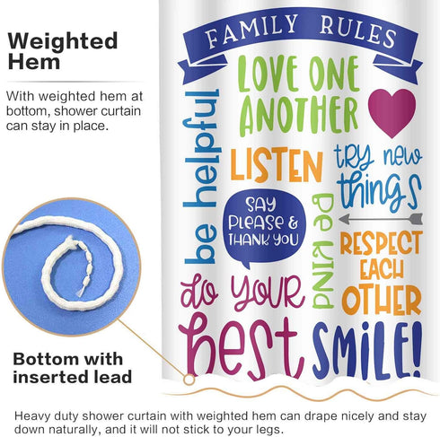SDDSER Family Rules Shower Curtain Educational Motivational and Inspirational Quotes Decor Bathroom Curtain for Kids, 72 x72 in Bathtub Showers Waterproof Fabric with 12 Hooks YLQQSD303
