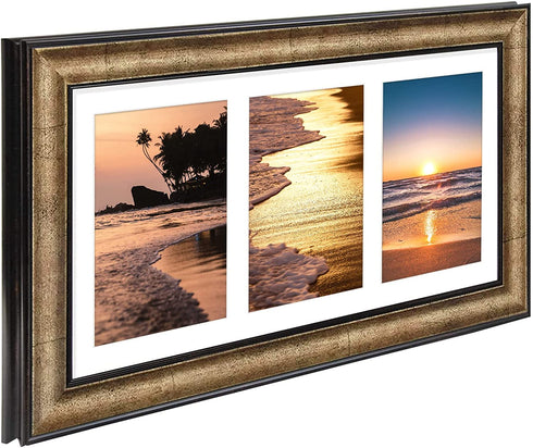 Golden State Art, Wall Display Picture Frame - Collage Style, White Mat - 7x14 for 4x6 Photos, Antique Gold