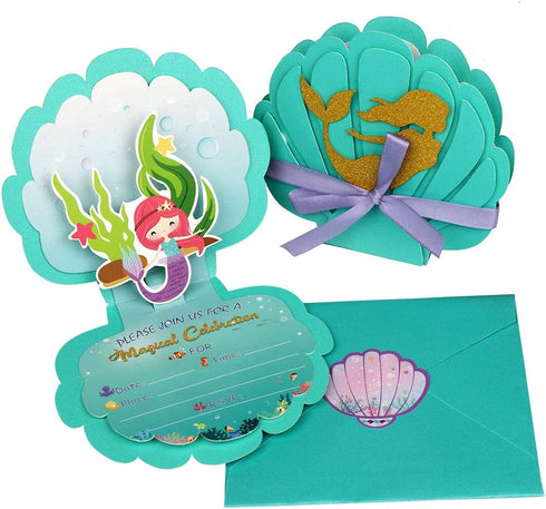 OurWarm 24pcs Mermaid Party Invitations, 3D Pearlescent Mermaid Birthday Party Supplies with Envelopes for Kids Girls Birthday Wedding Baby Shower Pool Mermaid Themed Party Supplies