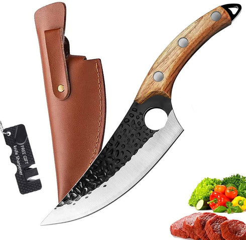 Meat Cleaver Knife 6Inch, Hand Forged Boning Knife with Sheath Butcher Knives High Carbon Steel Fillet Knife Vegetable Chef Knives for Kitchen, Camping, BBQ, Outdoor