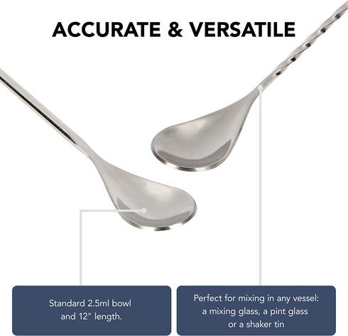 Heavyweight Bar Spoons - Set of two. (One Spiral & one Smooth Handle) Professional Quality Barspoons