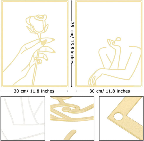 Hotop 2 Pieces Modern Minimalist Abstract Line Art Decor Minimalist Line Drawing Wall Art Decor Line Drawing Metal Wall Art Poster Abstract Woman's Body Shape Art Print for Bedroom Living Room (Gold)