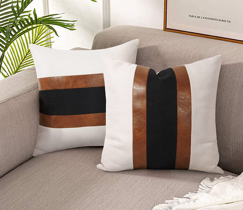 Pyonic Set of 2 Farmhouse Pillow Covers 18x18 Inch Faux Leather and Linen Throw Pillow Covers Decorative Black and White Accent Cushion Covers for Couch Sofa