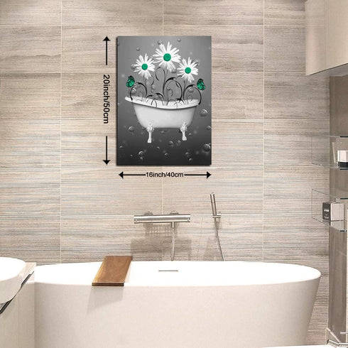 Premium White Daisy Butterfly Bathroom Wall Decor, Print Artwork Giclee Canvas Art Framed Painting Poster Pictures Decoration 16x 20 Inchs