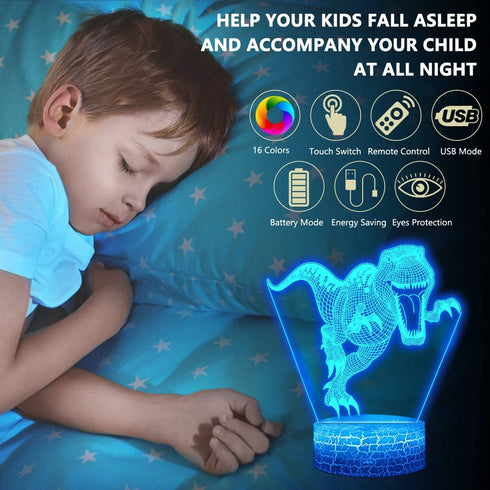 4 Pcs 3D Dinosaur Night Light, DDDNIGHTLIGHT Led Illusion Lamp 16 Color Change Remote Control Lights for Bed Living Room Kids Girls Boys Xmas 8993