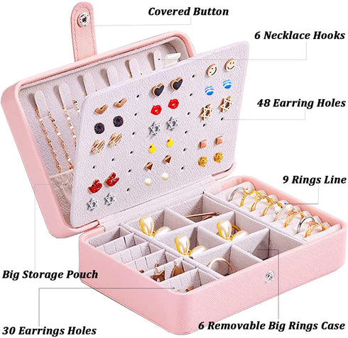 Travel Jewelry Organizer for Women, QBestry PU Leather Travel Jewelry Case Portable Mini Jewelry Box Organizer Storage Small Travel Necklace Earring Holder Organizer for Girls Christmas Birthday Gift, Light Pink