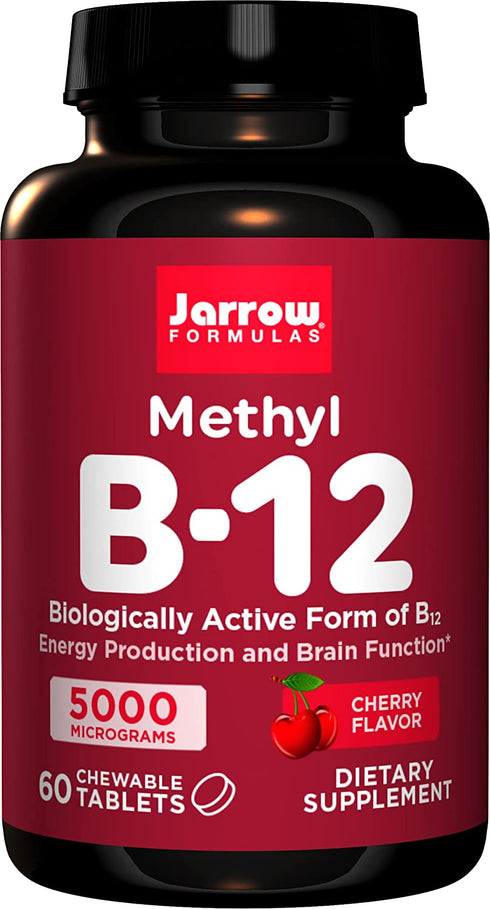 Jarrow Formulas Maximum Strength Methyl B-12 5000 mcg - Dietary Supplement - 60 Chewable Tablets, Cherry Flavored - Bioactive Vitamin B12 - Supports Cellular Energy Production - Non-GMO & Gluten Free