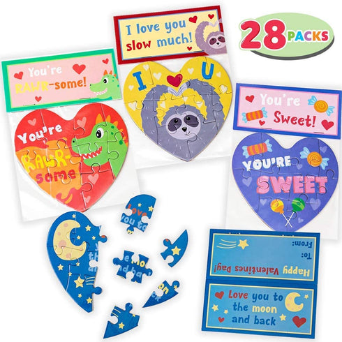 JOYIN 28 Pack Valentine's Day Gift Cards with Heart Jigsaw Puzzle Set for Valentine's Classroom Exchange Prizes Valentine Party Favor Toys