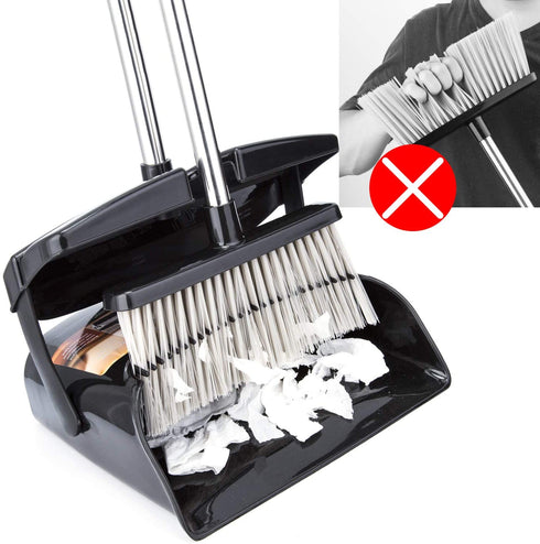 Broom and Dustpan Set with Lid Outdoor Or Indoor Dust Pan with Combo 3 Foot Long Stainless Standing Upright for Room Office Home Kitchen Floor Whisk Brush Set Lobby Clean The Pet Dog Hair (Black)