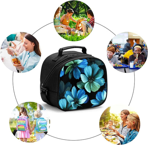 Aqua Flower Lunch Tote Lunch Bag Waterproof Reusable Lunch Box Portable Meal Bag Ice Pack For Kids Boys Girls