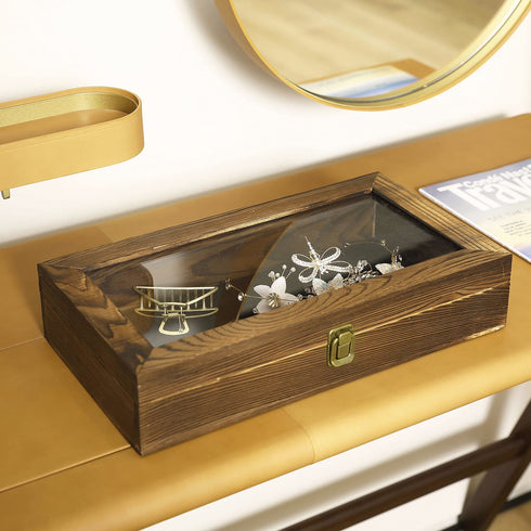 MyGift Tabletop Keepsake Display Box, Rustic Burnt Wood Shadow Box Jewelry Organizer Case with Clear Acrylic Lid, and Metal LAT