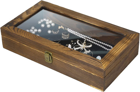MyGift Tabletop Keepsake Display Box, Rustic Burnt Wood Shadow Box Jewelry Organizer Case with Clear Acrylic Lid, and Metal LAT