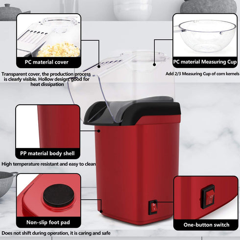 Hot Air Popcorn Popper, Electric Popcorn Maker, Mini Popcorn Machine with Measuring Cup and Top Lid for Party, Home and Family