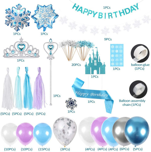 Golray Frozen Birthday Party Supplies Girls Princess Elsa Birthday Party Decorations 61 Balloons, Banner, Tassel, Sash, Pin, Cake Topper, Tattoo, Crown Wand, Girls Birthday Decor 2nd 3rd 4th 5th