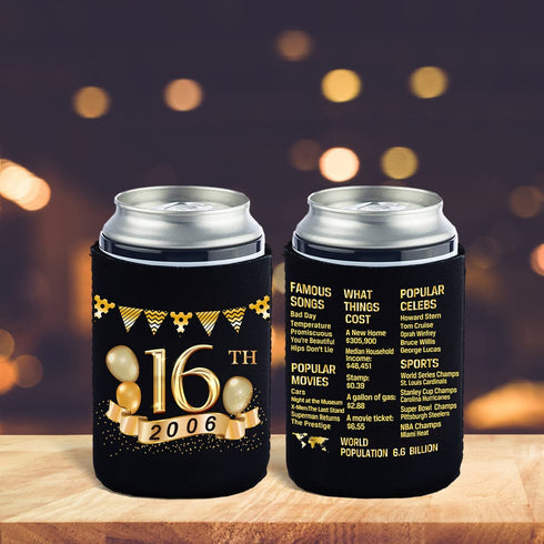 Yangmics 16th Birthday Can Cooler Sleeves Pack of 12-2006 Sign - 16th Birthday Party Supplies - 16th Anniversary Decorations - Black and Gold Sixteenth Birthday Cup Coolers