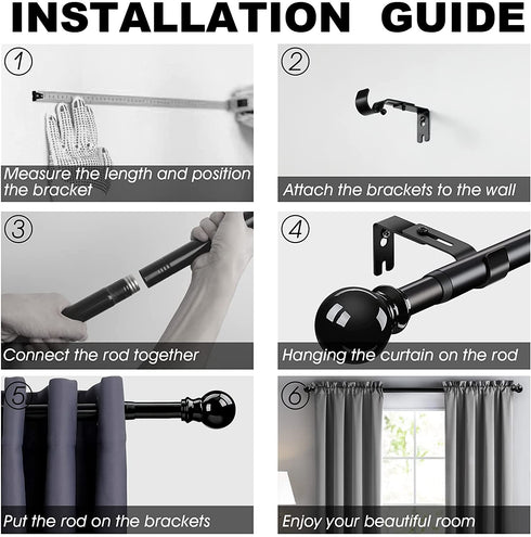 Curtain Rod,1 Inch Adjustable Black Curtain Rods for Windows 34" to 68",Stainless Steel Single Curtain Rod Set with Brackets for Bedroom Kitchen Window ?Black?