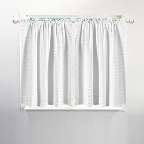 Waffle Weave Half Window Tier Curtains: 54 Inch Length for Small Window in Kitchen & Bathroom, Waterproof and Washable - White, 36" x 54" for Each Panel, Set of 2