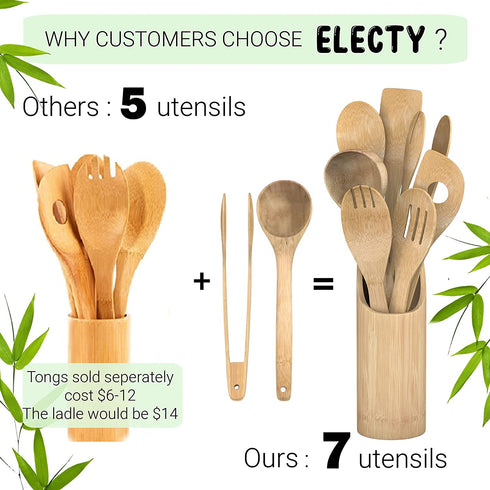 Electy Wooden Spoons for Cooking 8piece Set with Soup Spoon, Bamboo Spatula, Bamboo Utensil Holder