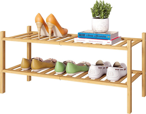 FILWH Bamboo Shoe Rack Stackable Shoe Shelf Storage Organizer for Unit Entryway Hallway and Closet Sturdy Freestanding Shoe shelf Natural (2 Tier)