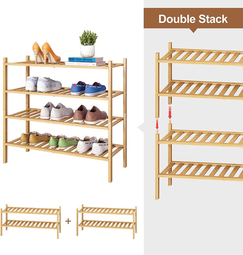 FILWH Bamboo Shoe Rack Stackable Shoe Shelf Storage Organizer for Unit Entryway Hallway and Closet Sturdy Freestanding Shoe shelf Natural (2 Tier)