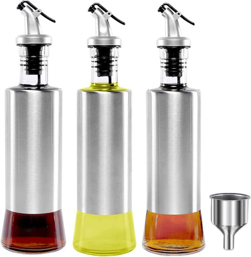 12 OZ Olive Oil Dispenser Bottle, ORIJOYNA 3 Pack Glass Oil & Vinegar Cruet with Pourers and Funnel, Olive Oil Carafe Decanter for Kitchen.