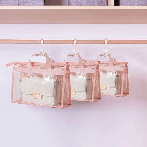 Regilt 3 PCS Transparent Handbag Storage Organizer Space-Saving Dust Cover Bag Dust-Proof Purse Storage Bag with Zipper and Handle (Pink, 3)