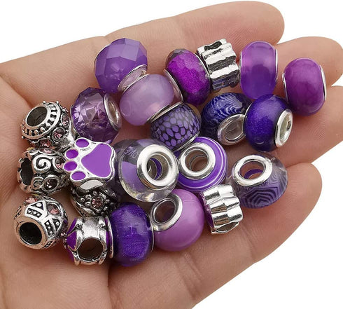 50pcs Assorted Purple Resin Imitation Glass European Large Hole Beads Rhinestone Metal Spacer Charms Bead Assortments for DIY Crafts Bracelets Necklaces Jewelry Making (M570-Purple)