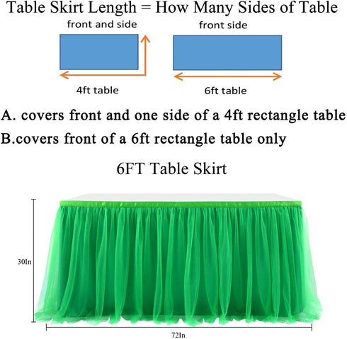 6FT Green Tulle Table Skirt Tutu Table Cloth for St. Patrick's Day Kids Birthday Party Dessert Round Tables Christmas Home Decoration(L 6(ft),H30in)