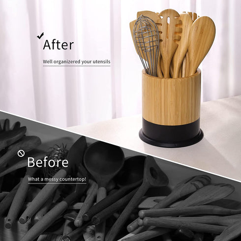 Kitchen Utensil Holder,Large Cooking Utensil Caddy Crock for Counter,Weighted Base for Stability,6.2 x 6.2 Inches,Black