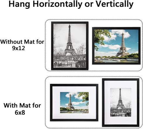 upsimples 9x12 Picture Frame Set of 5,Display Pictures 6x8 with Mat or 9x12 Without Mat,Wall Gallery Photo Frames,Black