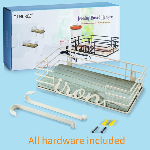 TJ.MOREE Ironing Board Hanger Wall Mount - Laundry Room Decor Iron and Ironing Board Holder, Metal Wall Mount with Large Storage Blue Wooden Base Basket and Removable Hooks (Turquoise)