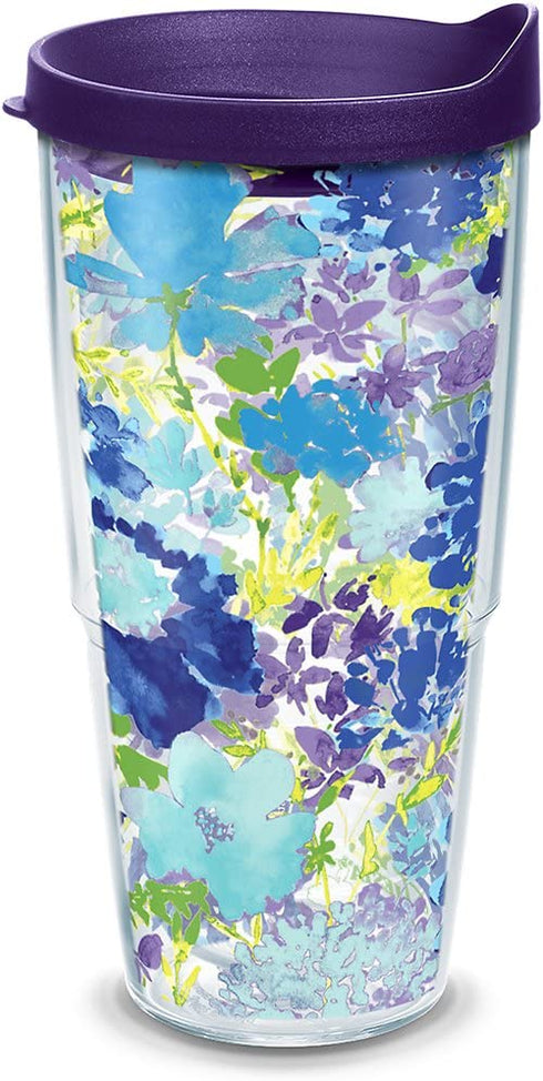 Tervis Made in USA Double Walled Fiesta Insulated Tumbler Cup Keeps Drinks Cold & Hot, 24oz - Purple Lid, Purple Floral