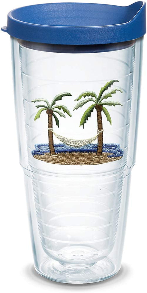 Tervis Palm and Hammock Insulated Tumbler with Emblem and Blue Lid, 24 oz, Clear