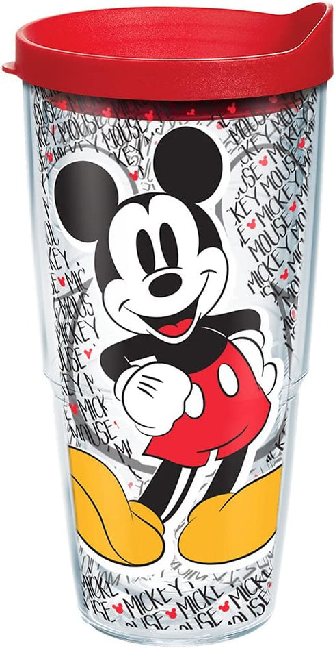 Tervis Disney - Mickey Mouse Name Pattern Tumbler with Wrap and Red Lid 24oz, Clear