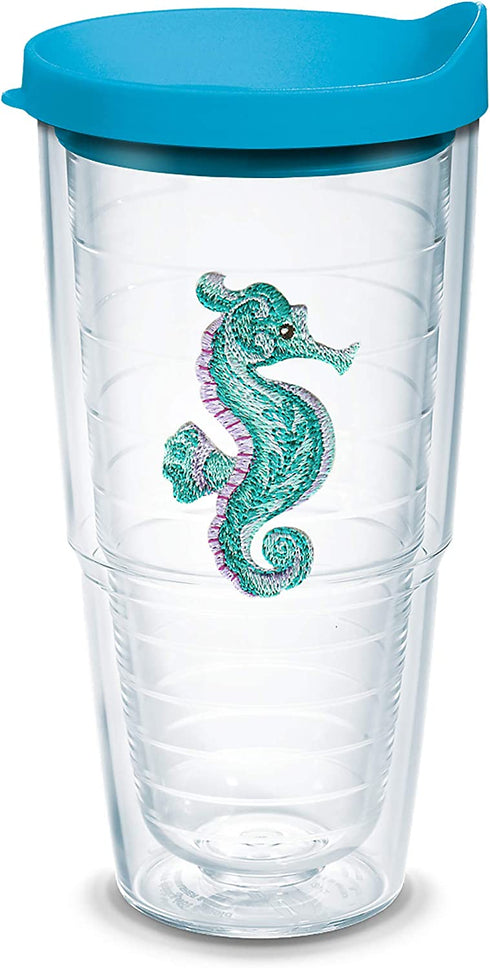 Tervis Purple Teal Seahorse Made in USA Double Walled Insulated Tumbler, 24oz - Turquoise Lid, Clear