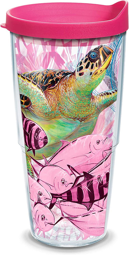 Tervis Made in USA Double Walled Guy Harvey Insulated Tumbler Cup Keeps Drinks Cold & Hot, 24oz, Breast Cancer Awareness Turtles