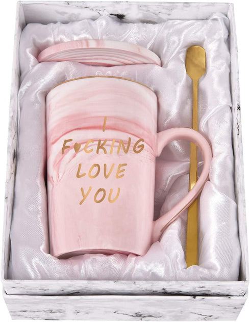 I Fucing Love You Mug - Funny Coffee Mug for Women - I Love You Gifts for Her - Best Valentine Gifts Ideas - Pink Marble Mug for Girlfriend Wife Women with Spoon Gift Box Coaster 14 Oz